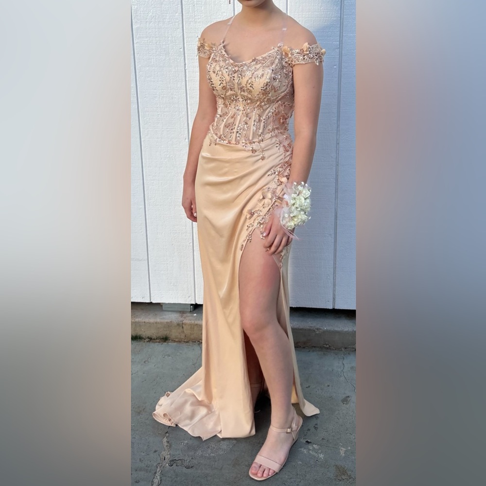 Gold Lace embroidered formal prom dress with slit